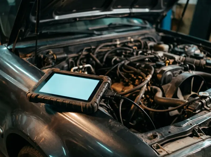 Tablet de diagnóstico sobre el guardabarros de un carro con el capó abierto