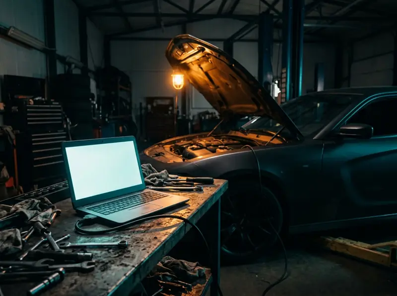 Laptop abierta en un banco de taller conectada a un carro en un garaje