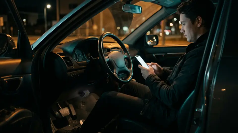 Persona en un carro estacionado usando el celular con un adaptador OBD2 conectado