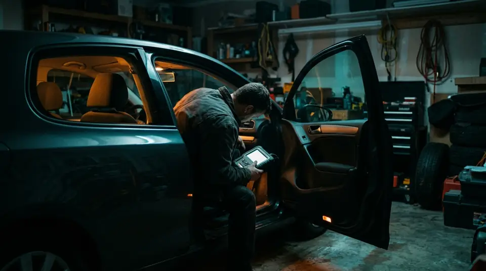 Persona con un escáner de mano junto a un carro en un garaje de casa