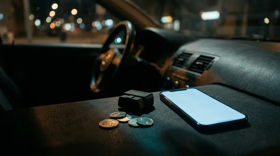 Adaptador OBD2 pequeño sobre el tablero junto a unas monedas y un celular